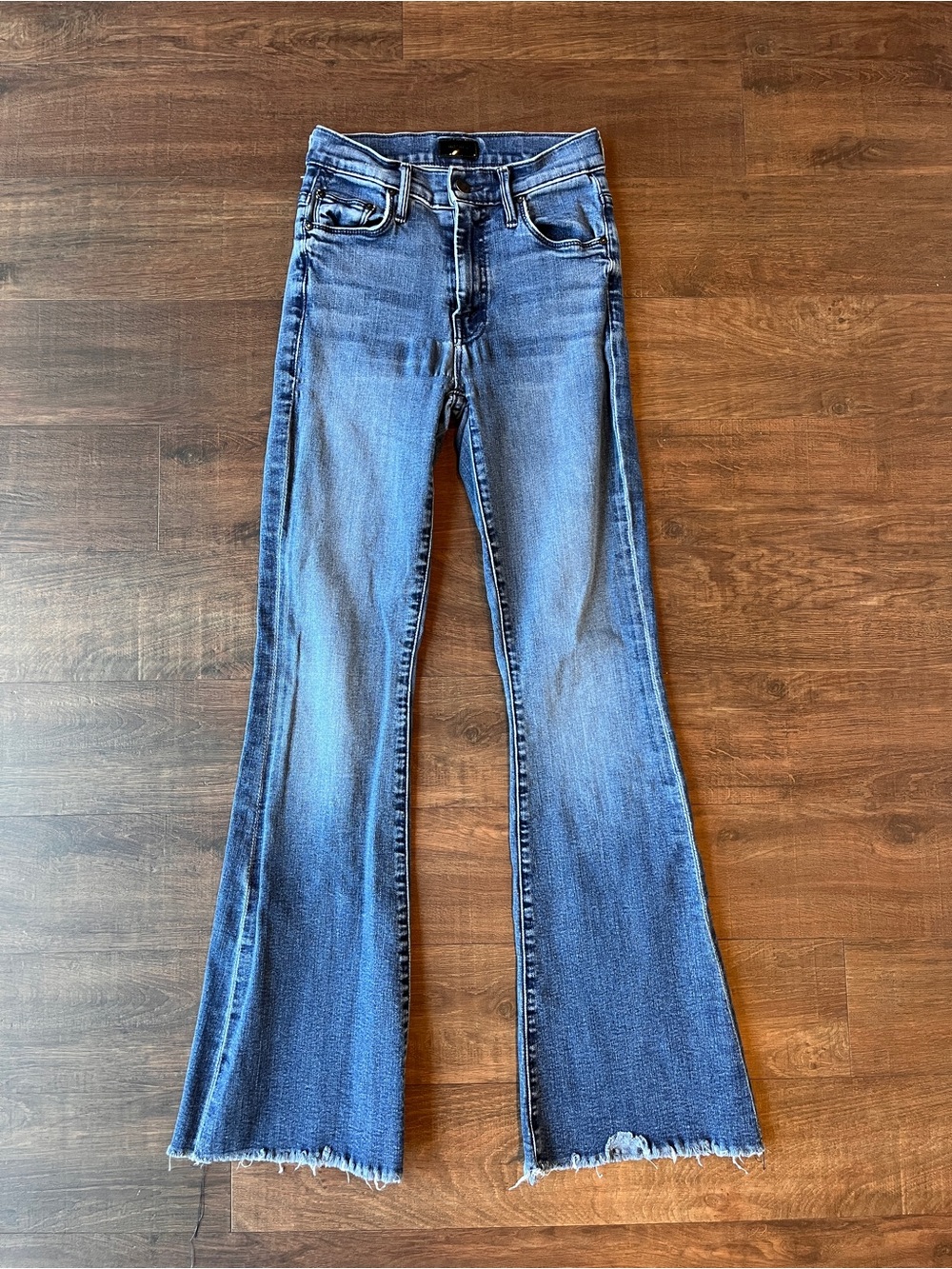 Mother The Weekender Fray Jeans 23 Flare Blue Medium Wash High Rise Raw Hem